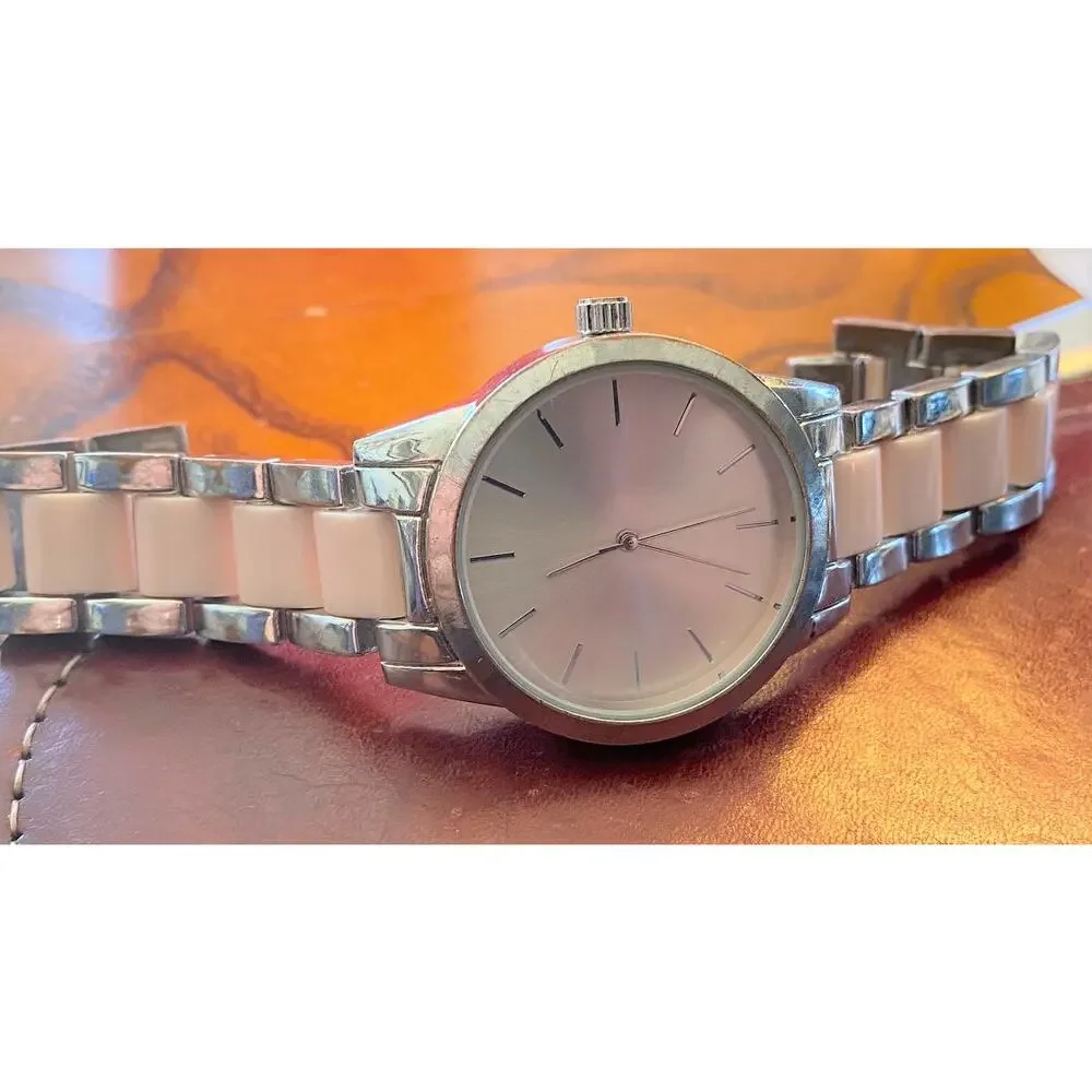 Women's Joe Fresh 38mm Watch, Silver Tone and Pale Pink Link Band